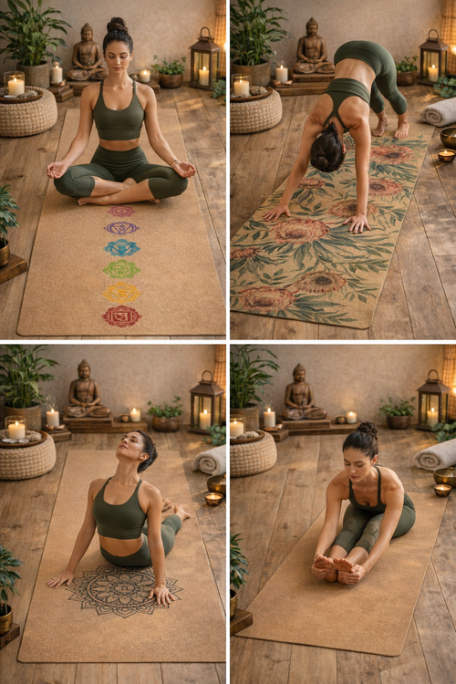 Tapis de Yoga en Liège Premium - Modèle "chakras" - Naturel, Antidérapant et Écologique + bloc en liège offert