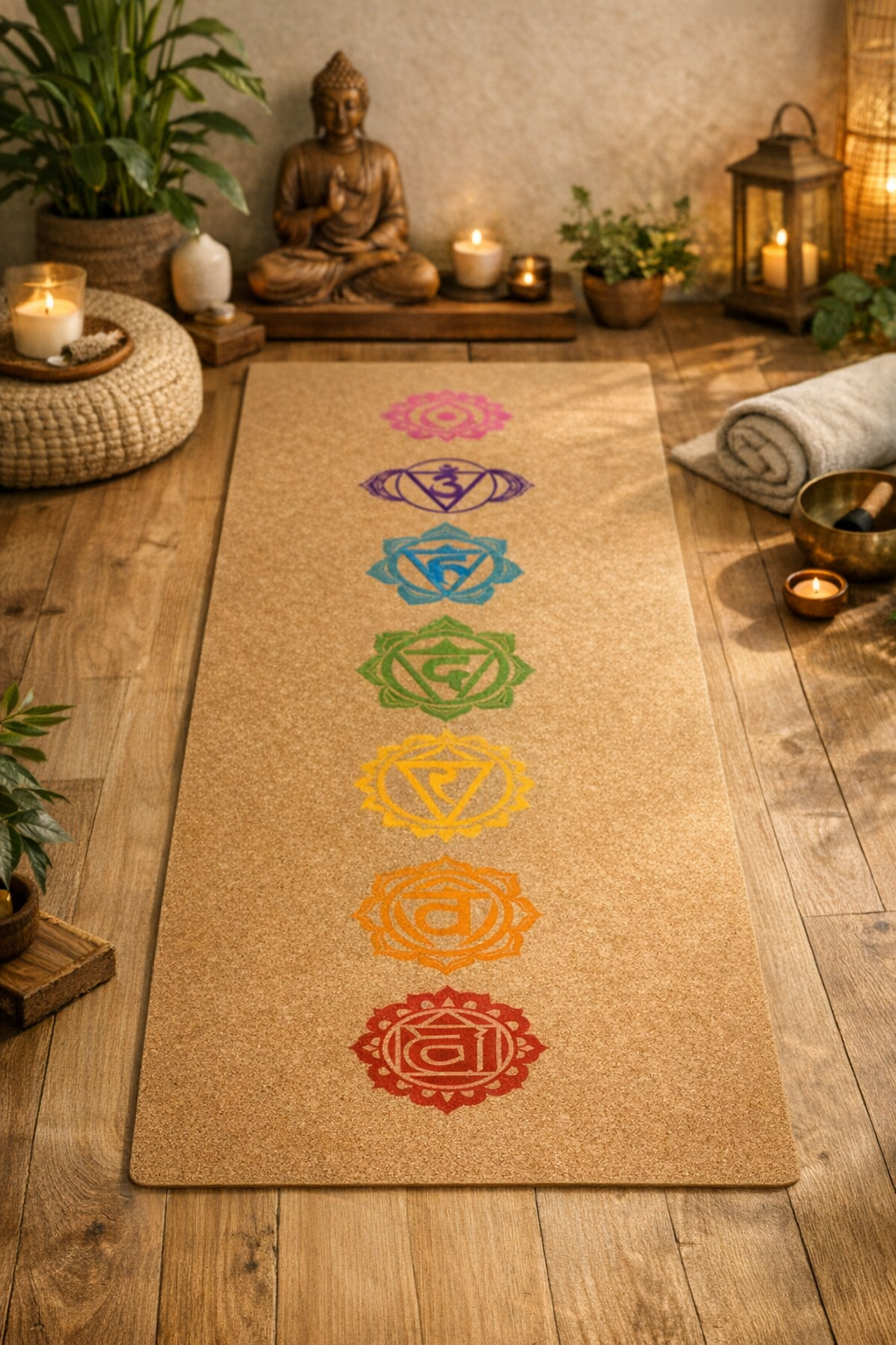 Tapis de Yoga en Liège Premium - Modèle "chakras" - Naturel, Antidérapant et Écologique + bloc en liège offert