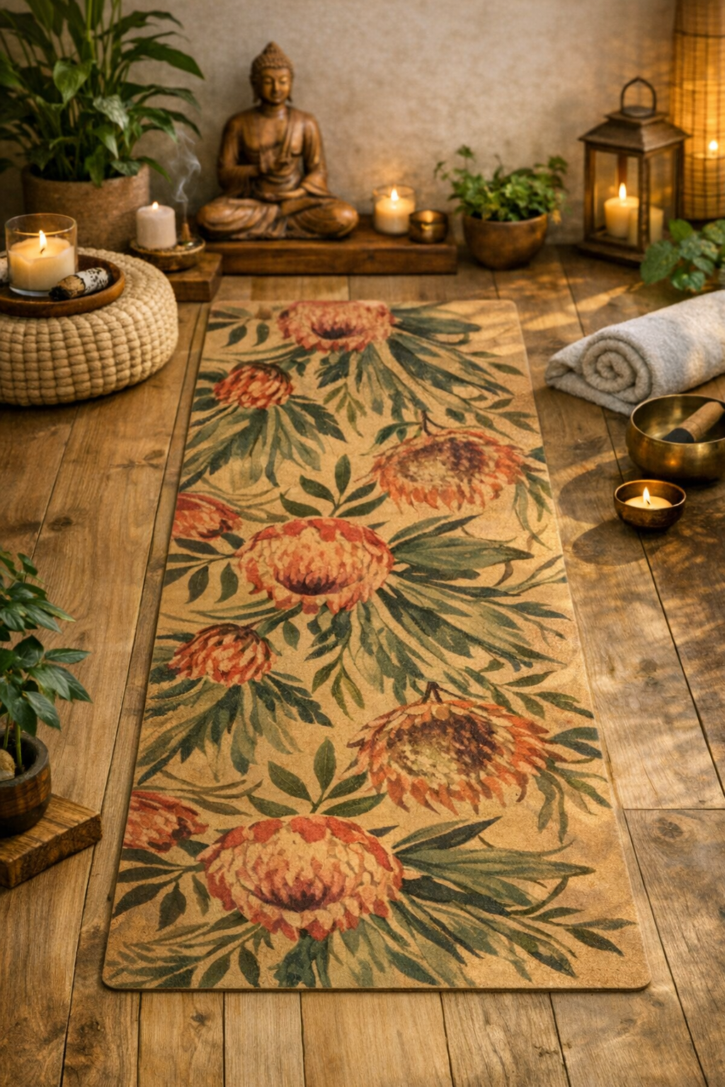 Tapis de Yoga en Liège Premium - Modèle "floral" - Naturel, Antidérapant et Écologique + bloc en liège offert