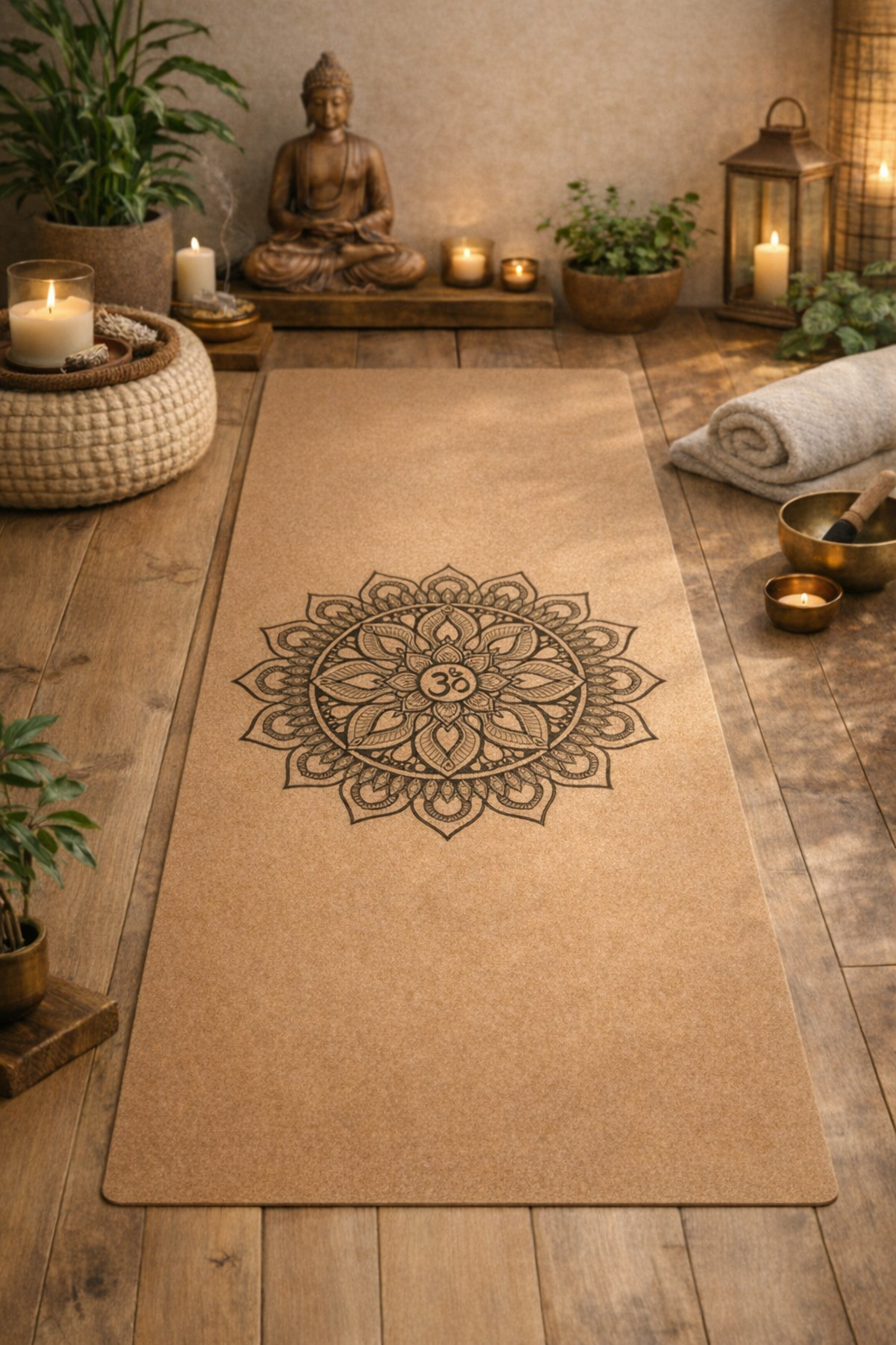 Tapis de Yoga en Liège Premium - Modèle "mandala" - Naturel, Antidérapant et Écologique + bloc en liège offert ￼