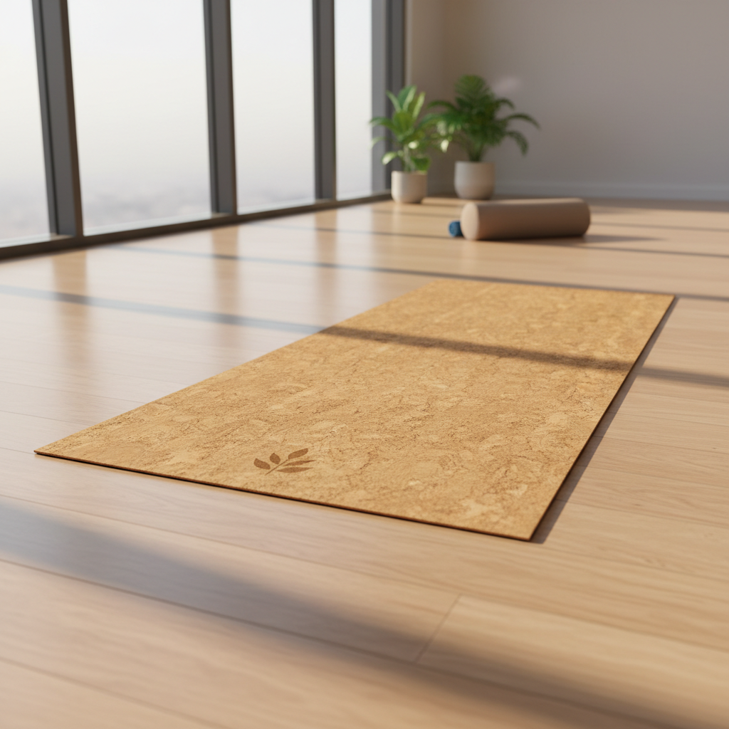 Tapis de yoga en liège premium posé dans un studio lumineux